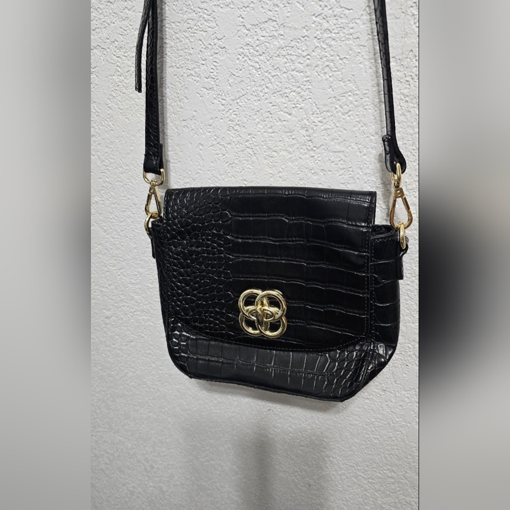 Kate Landry Black Croc-EmbossedCrossbody Bag with Gold Accent